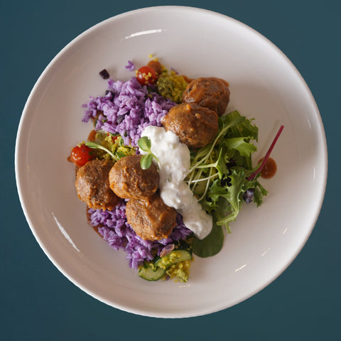 Bison Lentil Meatballs on Lebanese-Style Quinoa